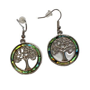 Tree Of Life Drop Dangle Pierced Earrings Silver & Green Abalone Shell Beachy